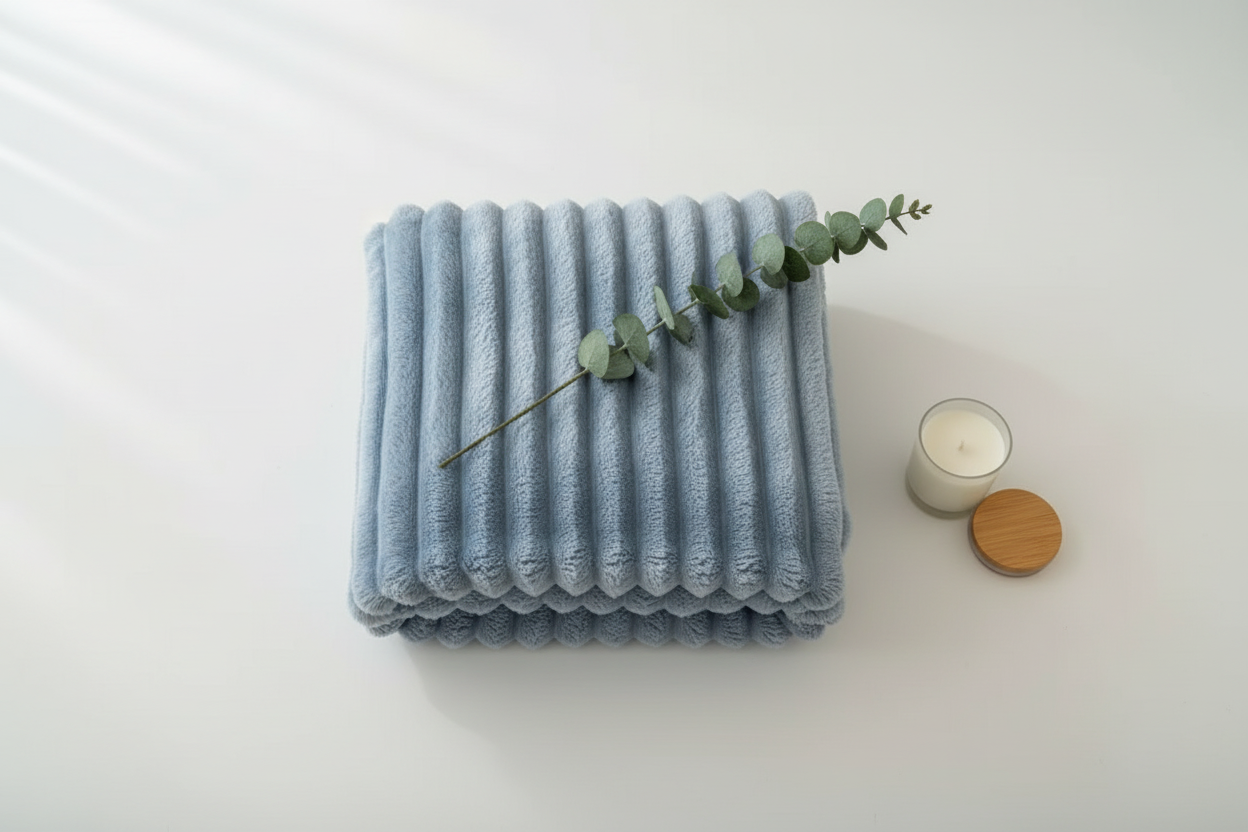 Blue Grey Throw – Flat lay styled