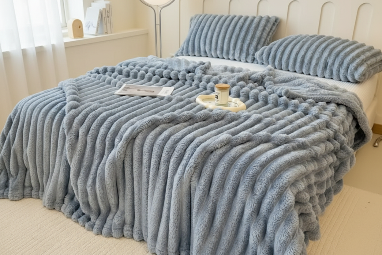 Blue Grey Throw – Lifestyle on bed